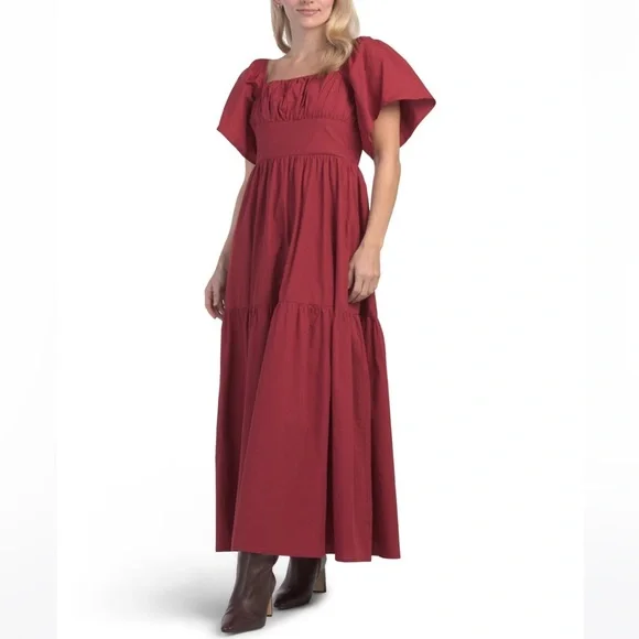 NWT BEYOND WORDS Short Puff Sleeve Smocked Tied Back Tiered Maxi Dress - Picture 3 of 4